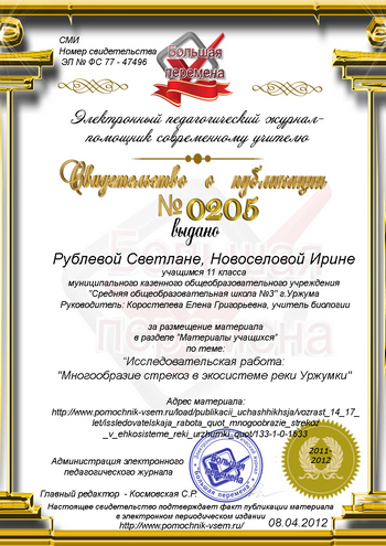 Свидетельство о публикации
